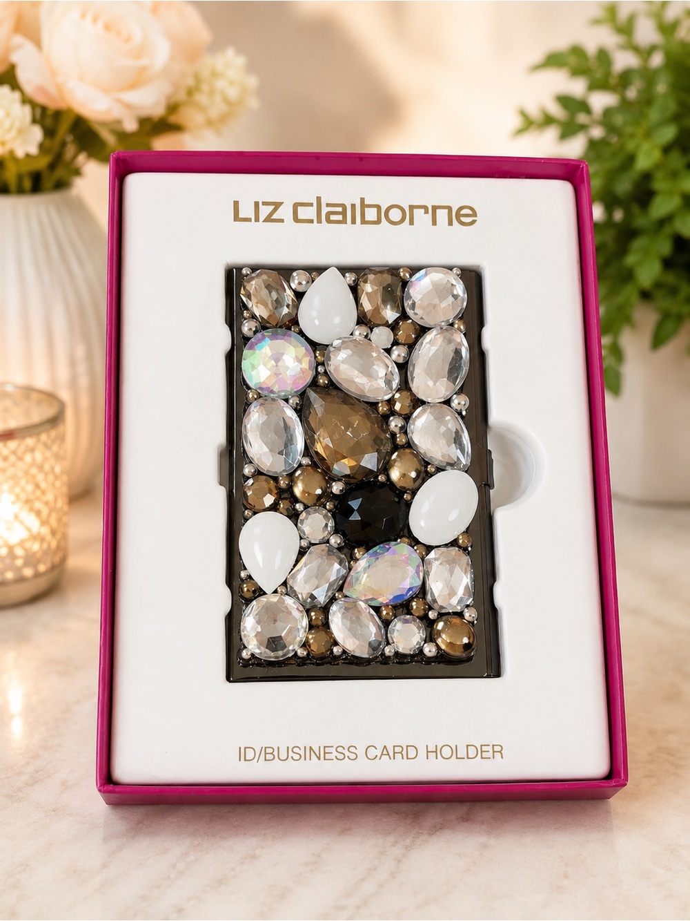 Liz Claiborne Jeweled Rhinestone ID Business Card Holder in Box